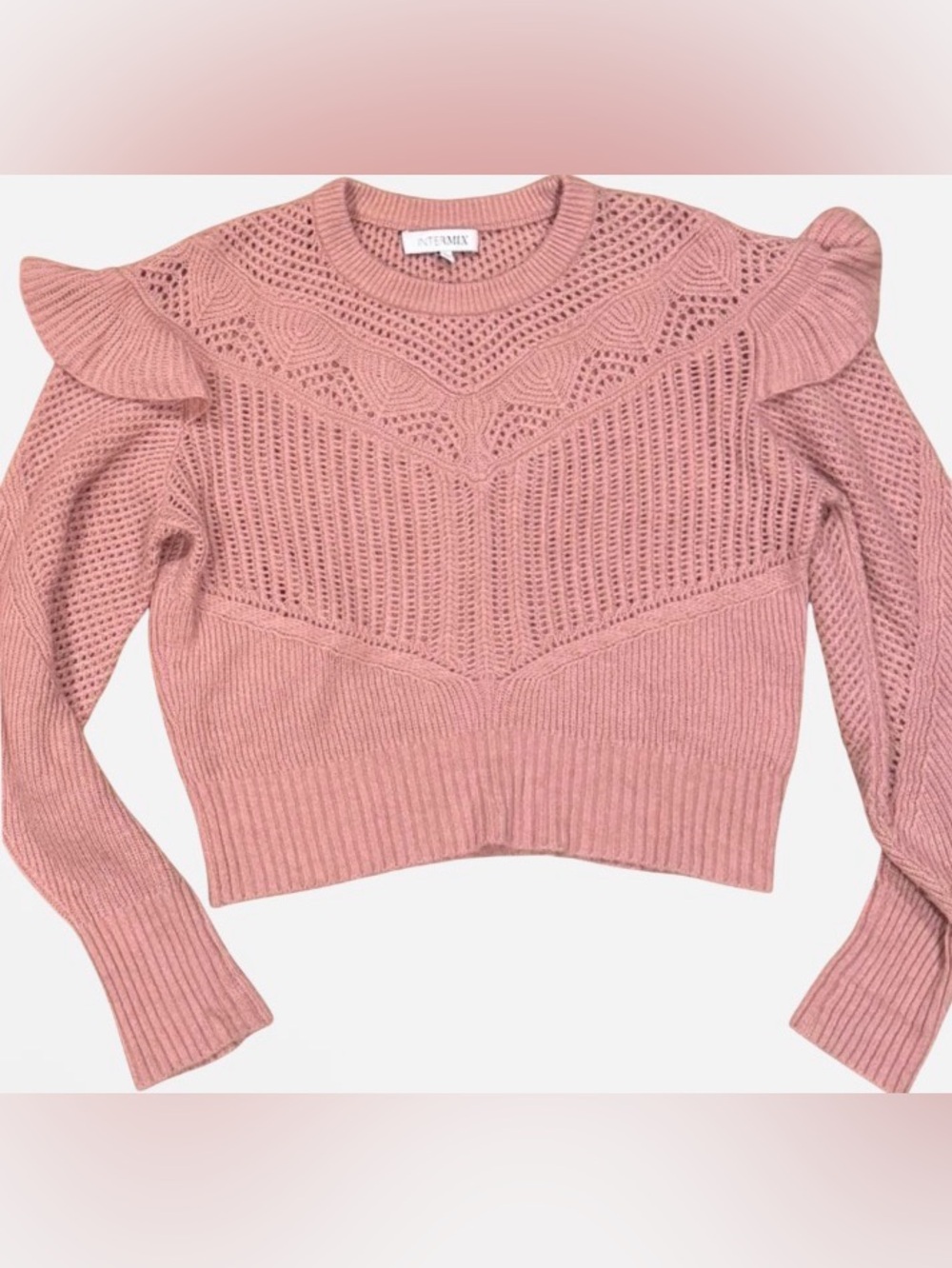 INTERMIX Pink Ruffle Open Knit Crewneck Sweater Cottagecore Wool-Blend Size S